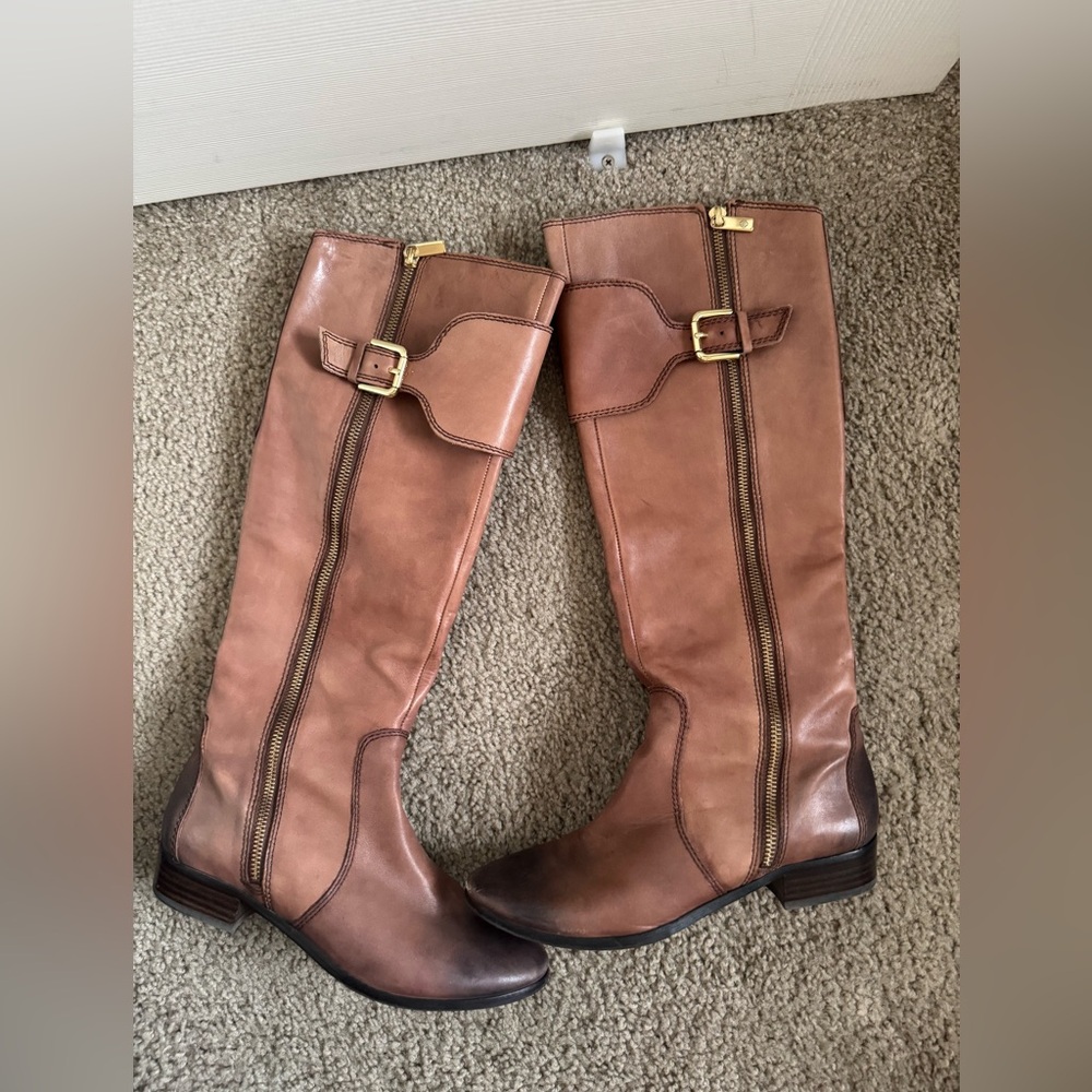 Brown Leather Knee-High Boots with Gold Buckles